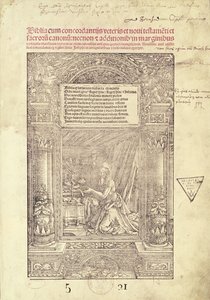 St. Jerome in his Studiolo, title page of a Bible, printed by J. Marion, Lyon, 1521