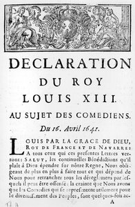 Statement of Louis XIII (1601-43) on the Comedians, 16th April 1641 by French School