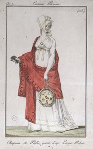 Straw hat with a ribbon, fashion plate from Costumes Parisiens by French School