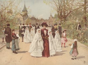 Street scene with girls wearing Confirmation dresses by French School