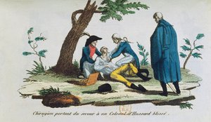 Surgeon operating on a colonel of the hussars on the battlefield by French School