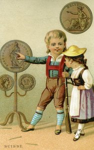 Swiss boy and girl admiring a display of Swiss francs, from a series of promotional cards on currencies in different countries, published in Paris by Baster & Vieillemard for use by the chocolate producer, Chocolat Ibled