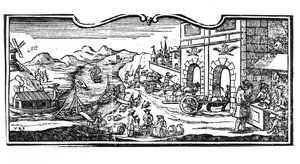Tax Office at the Entrance of a City for Wines and Spirits, decree of The Council of State 22nd March 1707, from Registers of the Council of State of Paris, 1739 (detail)