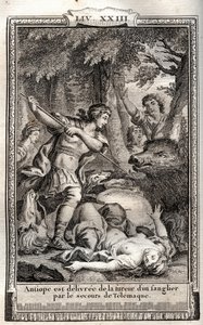 Telemachus rescues Antiope from a wild boar - engraving of 1798 in 
