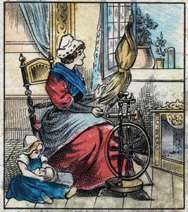 Textile, Linen. A Woman Uses a Mechanical Spinning Wheel to Spin Linen. Engraving. Epinal Imaging Late 19th Century