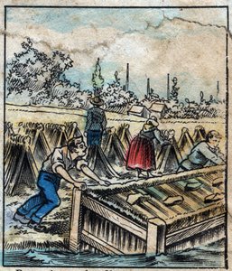 Textile, linen. Flax rust: To separate straw filaments, flax boots are dipped in water by French School