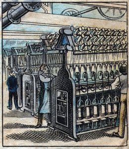 Textile, linen: the workshop. Transforming the ribbons into drills and then into threads using spinning metiers. Engraving. Epinal imaging late 19th century. by French School