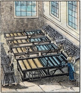 Textile, linen: workshop. Flax consists of several single yarns that are then dyed or bleached then ice and covered with beeswax to make it resistant and smooth. Engraving. Epinal imaging late 19th century. by French School