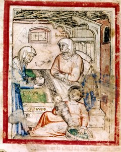 Thamar gives birth to twins, Perets and Zerah, sons of Judah, Miniature from codex 212 (or Padovano Codice or Bible of Padua) 1390-1400