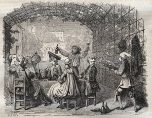 The Brigand Louis Dominique Garthausen dit Cartridge (1693-1721) during a meal with his companions - French brigand Louis Dominique Garthausen aka Cartridge (1693-1721) during a meals with accomplices - Engraving in Causes celebres de tous les peuples