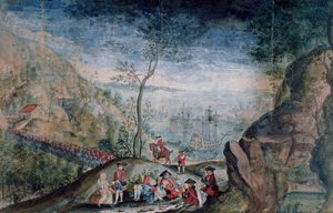 The Disembarkation of 50 soldiers from the Karrer Swiss regiment at Louisbourg on the Island of Cap-Breton by French School
