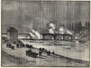 The Franco-Prussian War - The defense of Paris - burning the Bridge of Asnieres - Fire of the bridge of Asnieres during the siege (defense) of Paris - Engraving in Les combatants de 1870-71 by commander Leonce Rousset (1850-1938) by French School