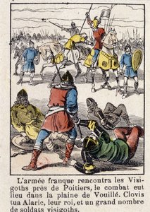 The French army met the Visigoths near Poitiers, the fight took place in the plain of Vouille. Clovis killed Alaric, their king, and a large number of Visigoth soldiers, in 507 by French School