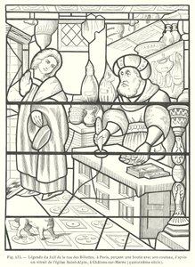 The Jew of the Rue des Billettes, Paris, desecrating the Host by piercing it with his knife, after a 14th Century stained glass window in the Church of Saint-Alpin, Chalons-sur-Marne, France by French School