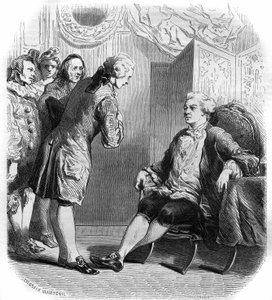 The Marquis de Puysieulx receiving Philippe Nericault Destouches and his troupe of travelling comedians. Engraving from 1858-1859. by French School