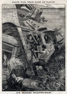 The New York Buffalo Train Falls into a River in the United States: A Man Tries to Save Passengers at Risk of Drowning. In Le Petit Parisien on 7/11/1897. Private Collection by French School