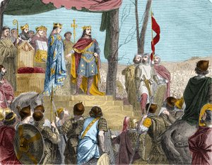 The Oaths of Strasbourg between Louis the German (876), ruler of East France, and his half-brother Charles the Bald, ruler of West Francia - The Oath of Strasbourg: Treaty of Verdun, 843. The sons of Louis the Pious divided the territory (the Carolingian E by French School