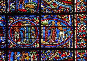 The Prodigal Son window: a courtesan throws him out by French School