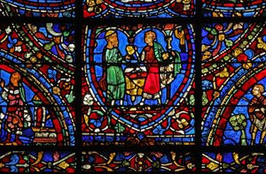 The Prodigal Son window: receives his inheritance by French School