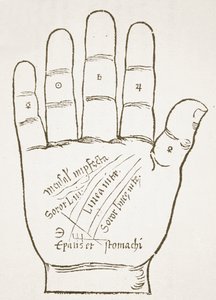 The Right Hand, Principal Lines, copy of an illustration from Chiromantia by Ioannes ab Indagine, 1531, used in a History of Magic, published late 19th century by French School