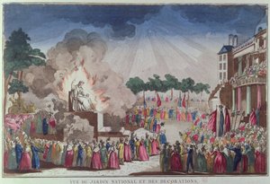 The Statue of Atheism being destroyed and replaced with the Statue of Wisdom at the Festival of the Supreme Being, Jardin National des Decorations, Paris, 8th July 1794