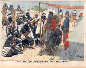 The Tuaregs Hoggar and Taitogs submitting to English rule in the Algerian Sahara. The Touareg Hoggars and Taitogs submit their submission to France. Illustration for Le petit Journal, 26 November 1905
