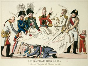 The Vienna Congress on 22/06/1815: the cake of kings. It reunited the eight world powers and sought to redefine the borders after the fall of the Empire of Napoleon I. Alexander I, Tsar of Russia; H.R. Stewart, Castlereagh; Francois Joseph I, Emperor of Au by French School