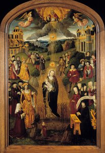 The Virgin with Wheat King Louis XII (1462-1515) and Pope Alexander VI (1431-1503) are present. Almighty God holding the Globe blessed the scene while the Holy Spirit protected the Virgin and the Child by French School