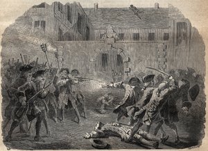 The brigand Louis Dominique Garthausen called Cartridge (1693-1721) and his companions going to despoil the Hotel Desmaretz in Paris, are surprised and attacked by the archers after a fierce fight, they flee through the roofs - French brigand Louis Domini