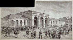 The crowd in front of the morgue in Paris in 1886 by French School