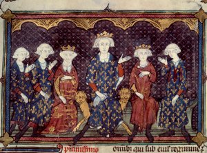 The Cursed Kings: Philip IV the Fair Surrounds His Daughter Isabella and His Three Sons Louis, Charles, Philip, and His Brother Charles de Valois. Miniature from the La