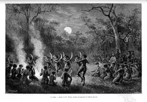 The dance of boomerang around fire among the Aboriginal people of Australia - in "Tour du Monde"