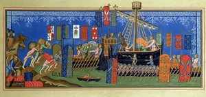 The embarkation of the Knights of the Holy Spirit for the crusades, after a miniature in the Statuts de lordre du Saint-Esprit de Naples manuscript in the Louvre, engraved by Felix Regamey (1844-1907) by French School