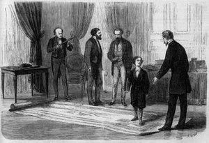 The engineer Boutet presented his plan for a railway bridge between France and England to Emperor Napoleon III (1808-1873), in the presence of his son Prince Imperial (1856-1879)