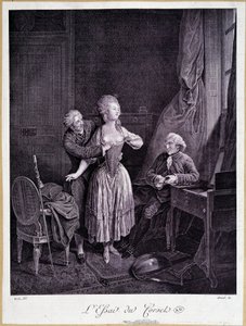 The essay of the corset (two men and one woman with stripped breasts) - 18th engraving by French School