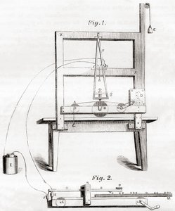 The first electrical telegraph invented by Samuel Morse in 1837, from Les Merveilles de la Science, published c.1870 (engraving) by French School