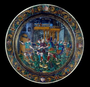 The imprisonment of Saint Joseph. Plate in enamel coloured produced in Limoges in the 16th century. Paris, Louvre Museum