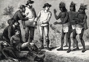 The inhabitants of Peru helping the colonial Europeans suffering from malaria with Cinchona (engraving, 1888) by French School