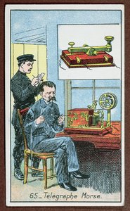 The invention of telegraphy with Morse code, number 65 in a series of cards depicting great inventions, c.1910 by French School