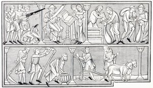 The labors of war, science, commerce and agriculture, after a miniature in a 13th century psalter, from Les Arts au Moyen Age, published 1873 by French School