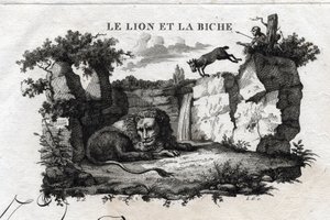 The lion and the deer. Fable of Aesop. Written by Guillaume Montfort and engraved by Beauble in 1801.