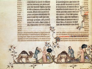 The meeting of Eliezer and Rebecca at the well, from The Bible of Jean de Sy, c.1355