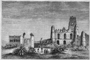 The palace of the Negus or kings of Ethiopia in Gondar. Engraving from 1896 in 