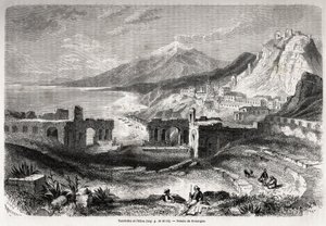 The Ruins of the Ancient Theatre of Taormina, at the Foot of Mount Taurus, Overlooking the Modern Village of Giardini and the Etna, Drawing by Adolphe Rouargue and Emile Rouargue to Illustrate Felix Bourquelot