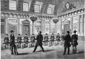 The son of Napoleon III, Prince Imperial (1856-1879), practicing weapons with the guards, before his father Emperor Napoleon III (1808-1873), in the guard room of the castle of Compiegne. Engraving in "Le Monde Illustré" n°349 of December 19