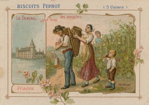 The work of the people illustration on a biscuit label by French School