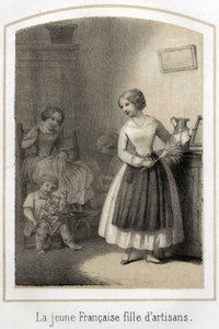 The young French woman of modest social origin works as a domestic servant in a wealthy family. She looks at busy kids at their games with envy. Anonymous engraving of the 19th century by French School