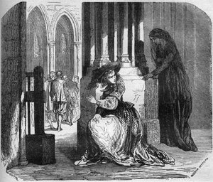 The young Madeleine de la Palude (Madeleine de Demandols) in the 17th century possessed by a demon, managed to attract the religious by the only beauty of her eyes. She was locked up in the Ursuline convent. Engraving in 