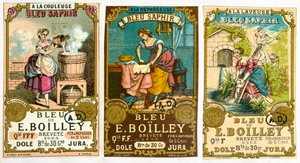 Three labels for the Bleu de E. Boilley brand of washing powder by French School