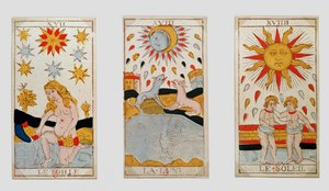 Three tarot cards depicting The Star, The Moon and The Sun by French School